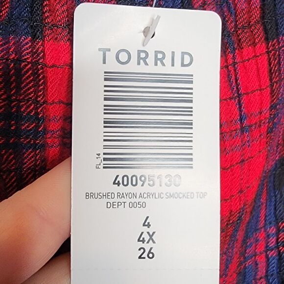 4X 26W Torrid Red Navy Plaid Babydoll Top Smocked Elastic Stretch Brushed Acryli - Picture 3 of 8